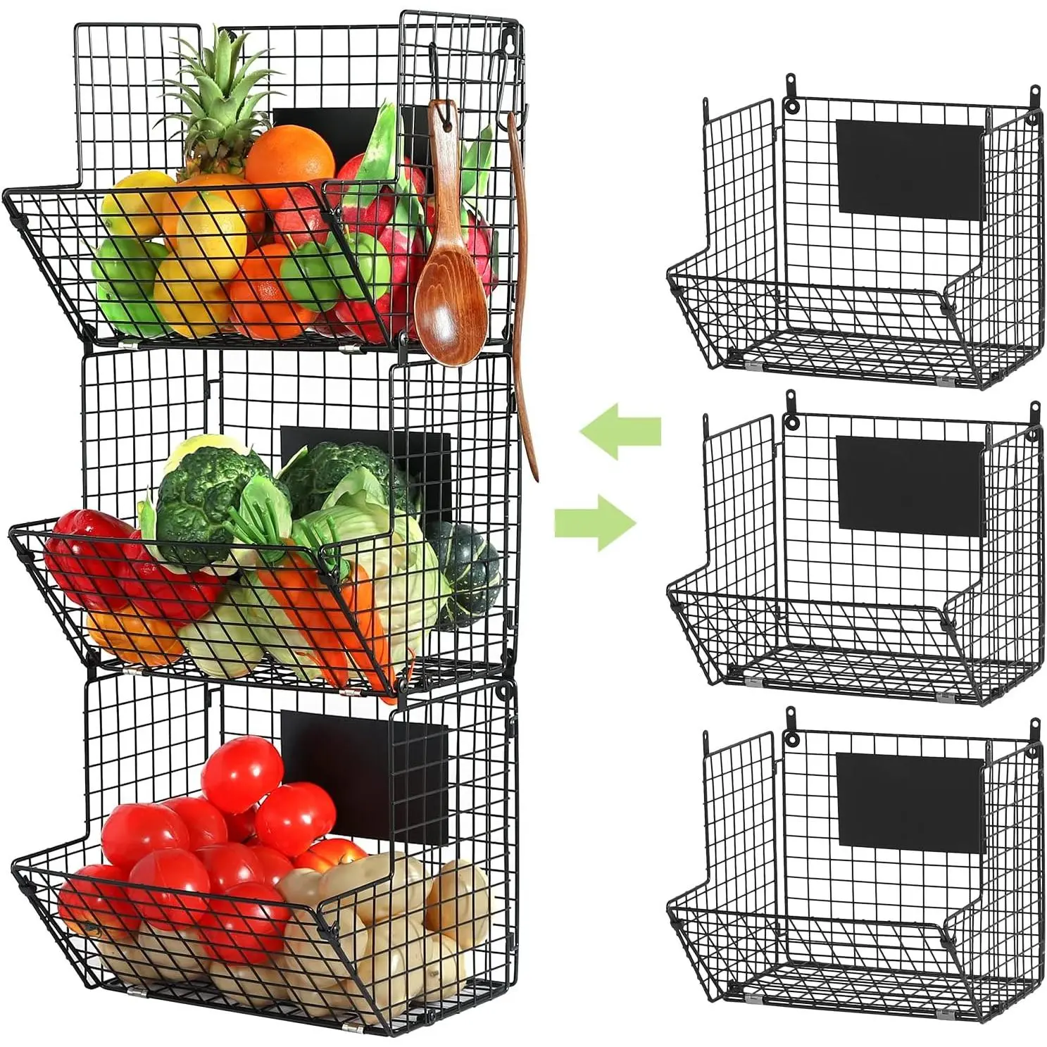 Metal Wire Basket Wall Mount, 3 Tier Wall Storage Basket Organizer with  Hooks Chalkboards, Rustic Kitchen Fruit Produce Bin Rack Bathroom Tower Baskets (Black)