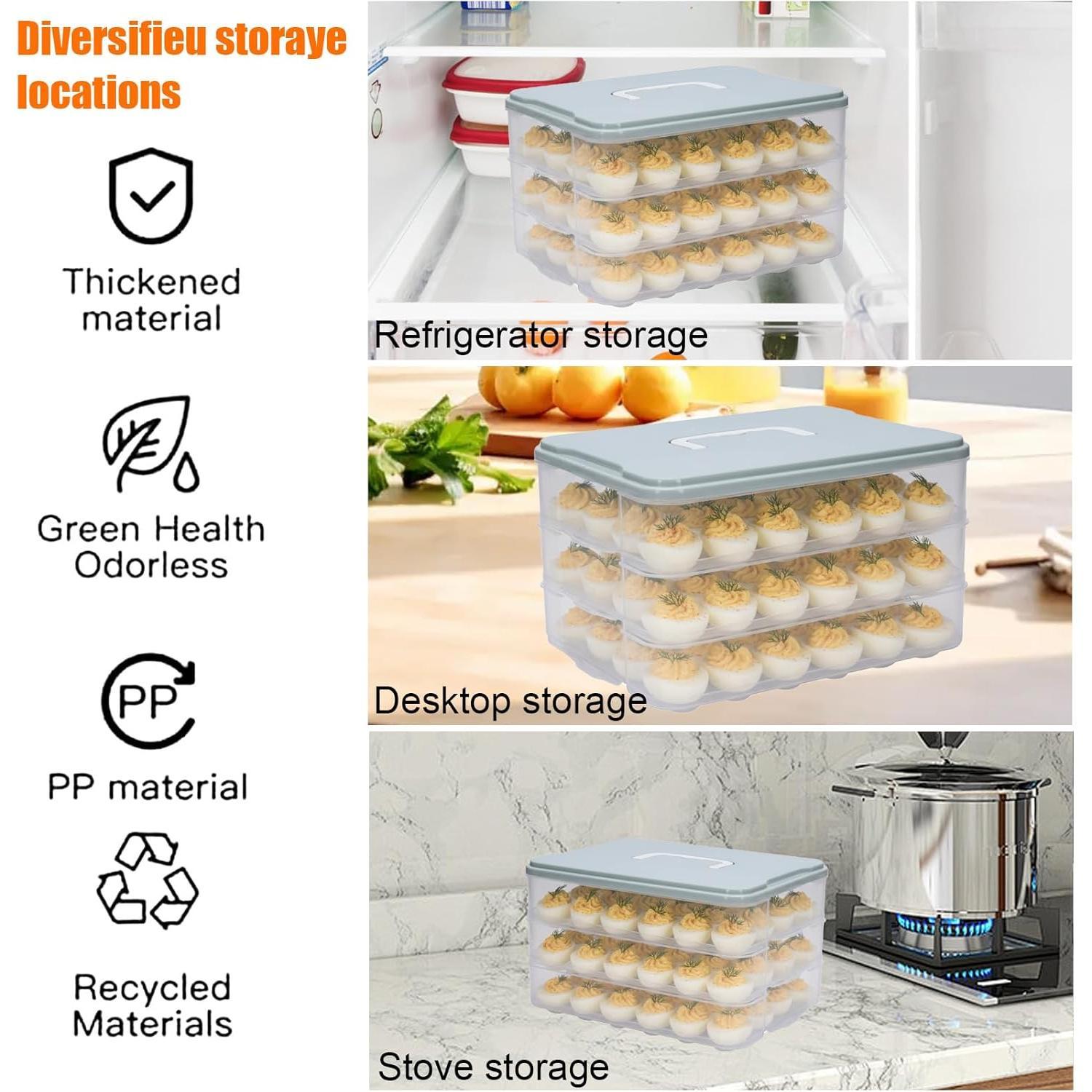 3-Layer Deviled Egg Containers with Lid,Plastic Egg Container for Refrigerator with Handle,Deviled Egg Carrier for 72 Eggs,Kitchen,Festival Party, Stackable Egg Holder for Fridge (Green)