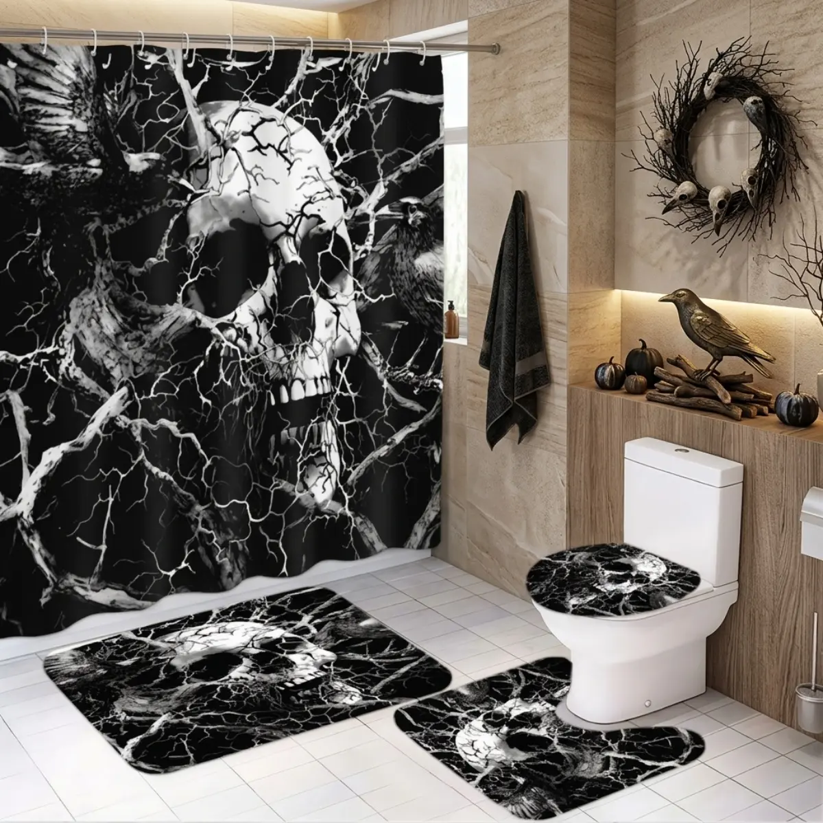 4pcs Halloween Skull & Raven Shower Curtain Set, Spooky Black Gothic Bathroom Decor with Toilet Lid Cover and Matching Bath Mats, Shower Curtain Set For Bathroom