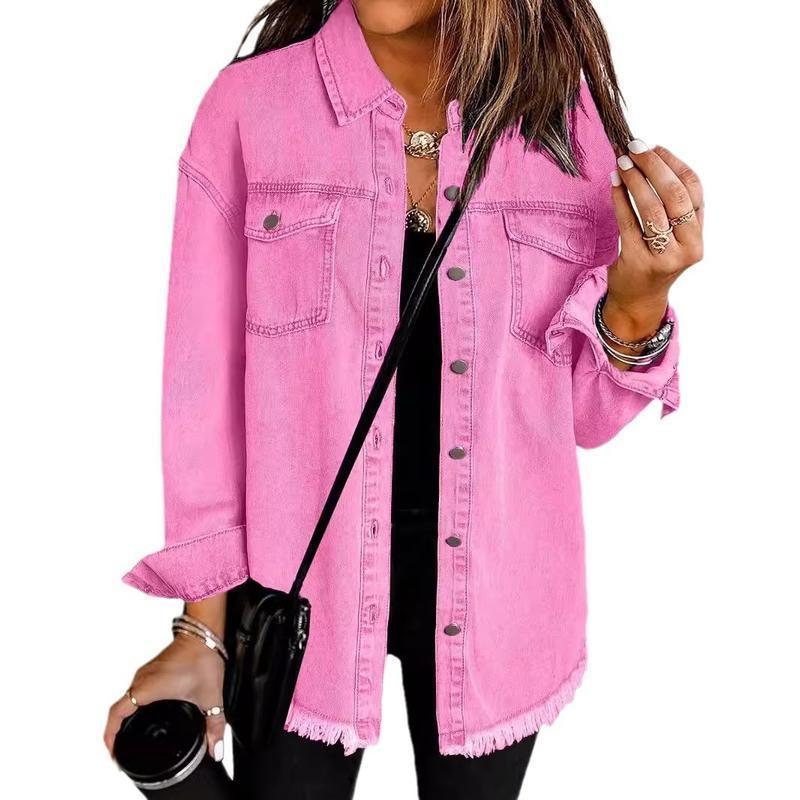 Women's Button Up Frayed Hem Shacket Long Sleeve Pockets Denim Jean Jacket