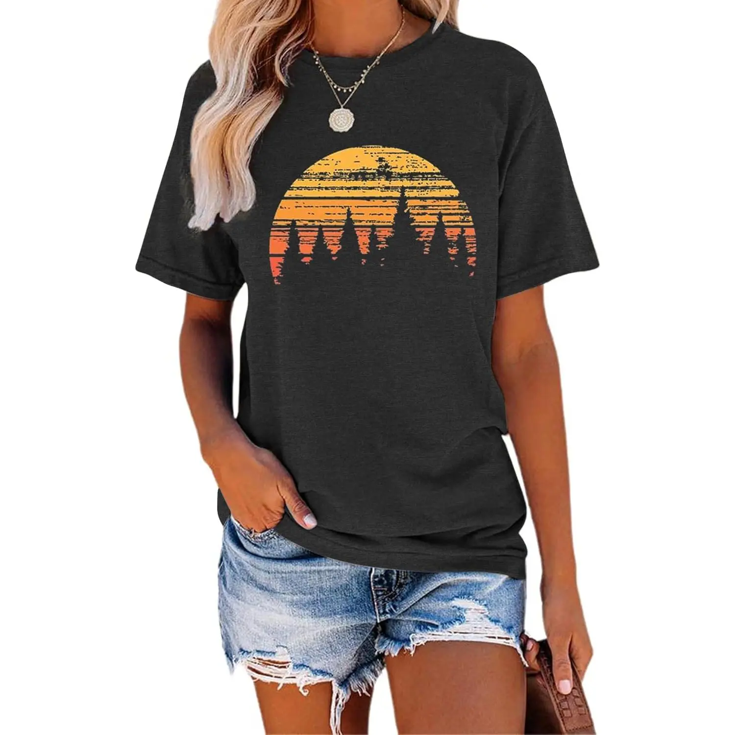 Sunset Pine Tree Landscape Graphic Tee Clean Finish Heavyweight Premium Cotton Tshirt Front Print Outdoor Nature Top Women Short Sleeve Crewneck Top Trending Streetwear Viral Outfit Best Gift Men