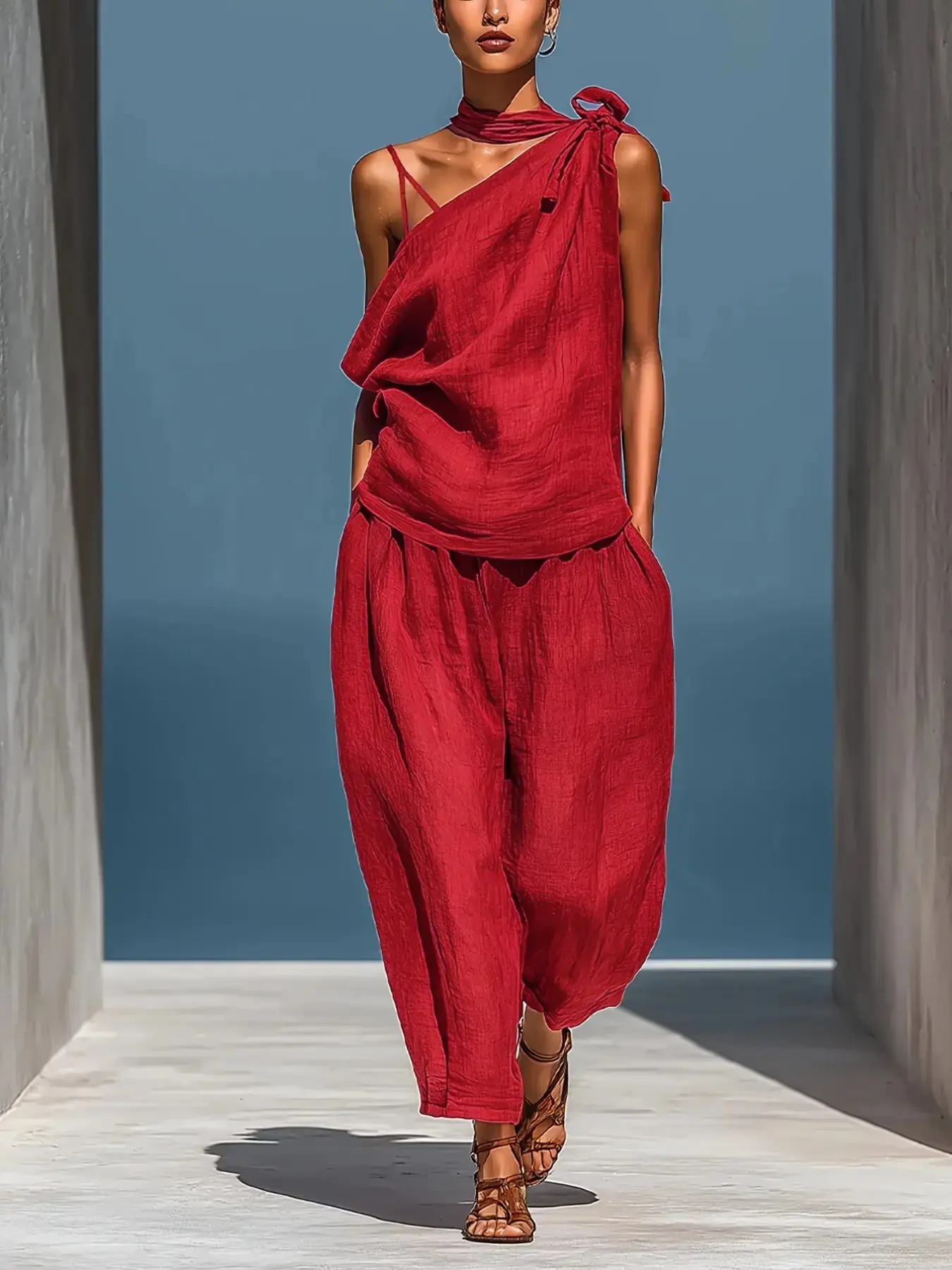 Women's Linen-Style Halter Top with Tie Front, Sleeveless, Halter Neck, Casual Loose-Fit Long Pants Set, Two-Piece, Plain Color, Vintage Look