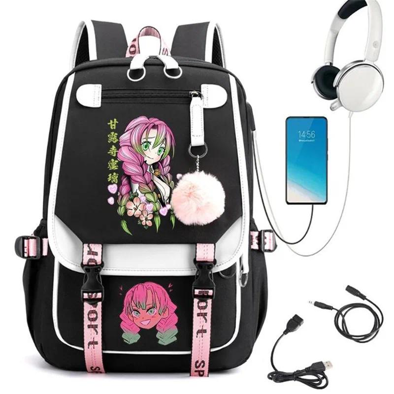 Demon Slayer Kanroji Mitsuri Backpacks Teenarges Schoolbag Anime USB Charge Laptop Travel Outdoor Bag Color Blocking Mochila
