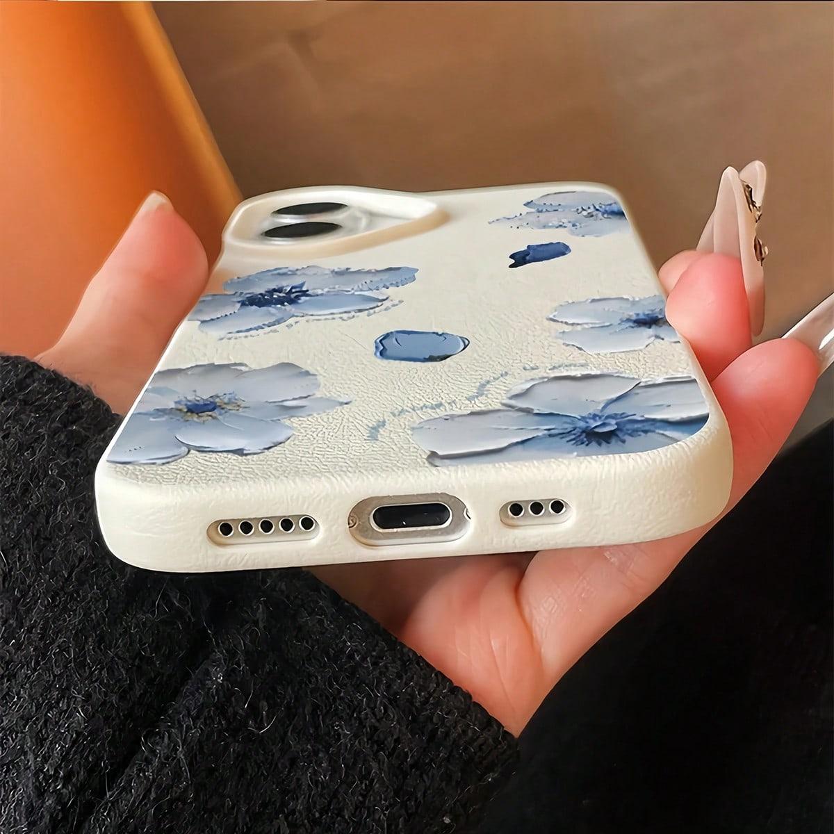 Flower 1 piece white leather texture blue floral design phone case, customizable, compatible for iPhone 17 Pro Max Phone Case 17 Air 16E 16 15 Plus 14 13 12 11 X XS Max, full-coverage shockproof protective case, suitable as a gift for family and friends