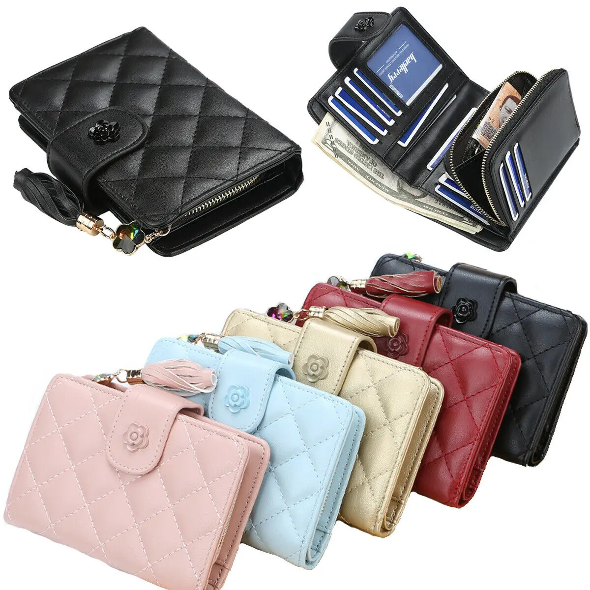 Quilted Women Short Wallet Faux Leather with Multi Card Slots & ID/Photo Window and Zipper Coin Pocket for Ladies Cash Purse Organizer Handbag