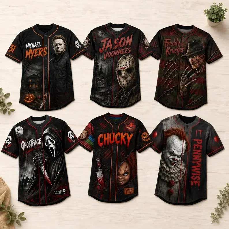 Horror Slasher Baseball Jersey, Classic Horror Movie Characters Shirt, Spooky Squad Halloween Uniform, Halloween party costumes, Halloween Gifts