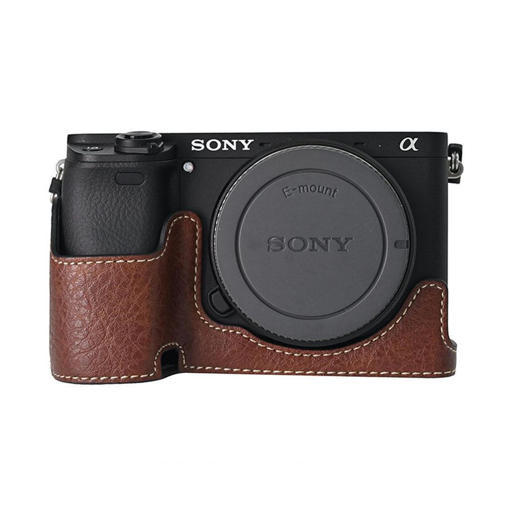 Litchi Pattern PU Leather Camera Half Case for Sony A6300 A6400 A6000 A6100 Bottom Opening Magnetic Cover With Strap