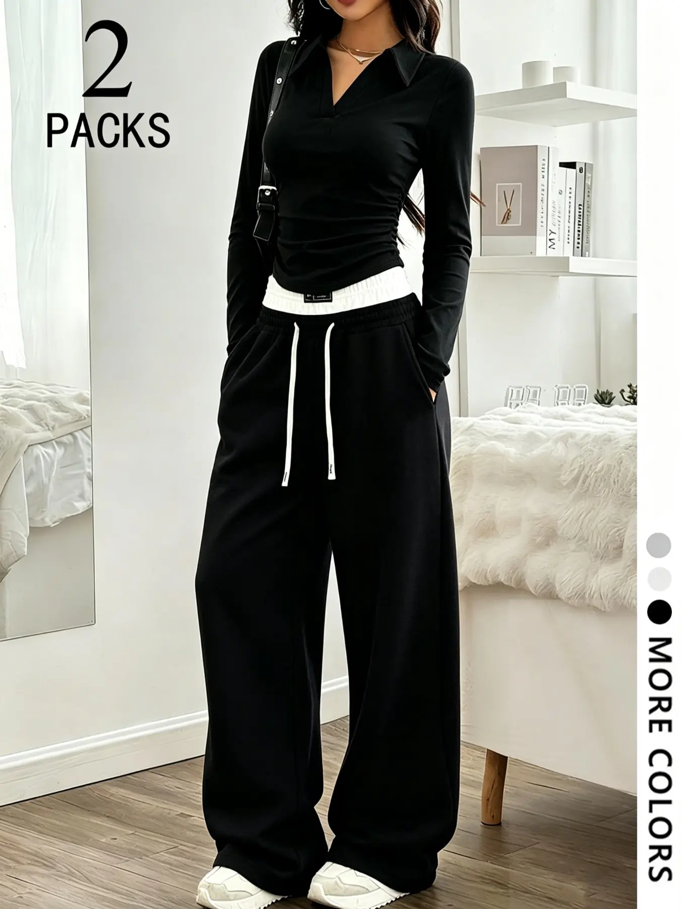 2packs Solid Collar Ruched Long Sleeve Top & Contrast Waist Drawstring Wide Leg Sweatpants, Fall Winter Office, Clean Girl Style