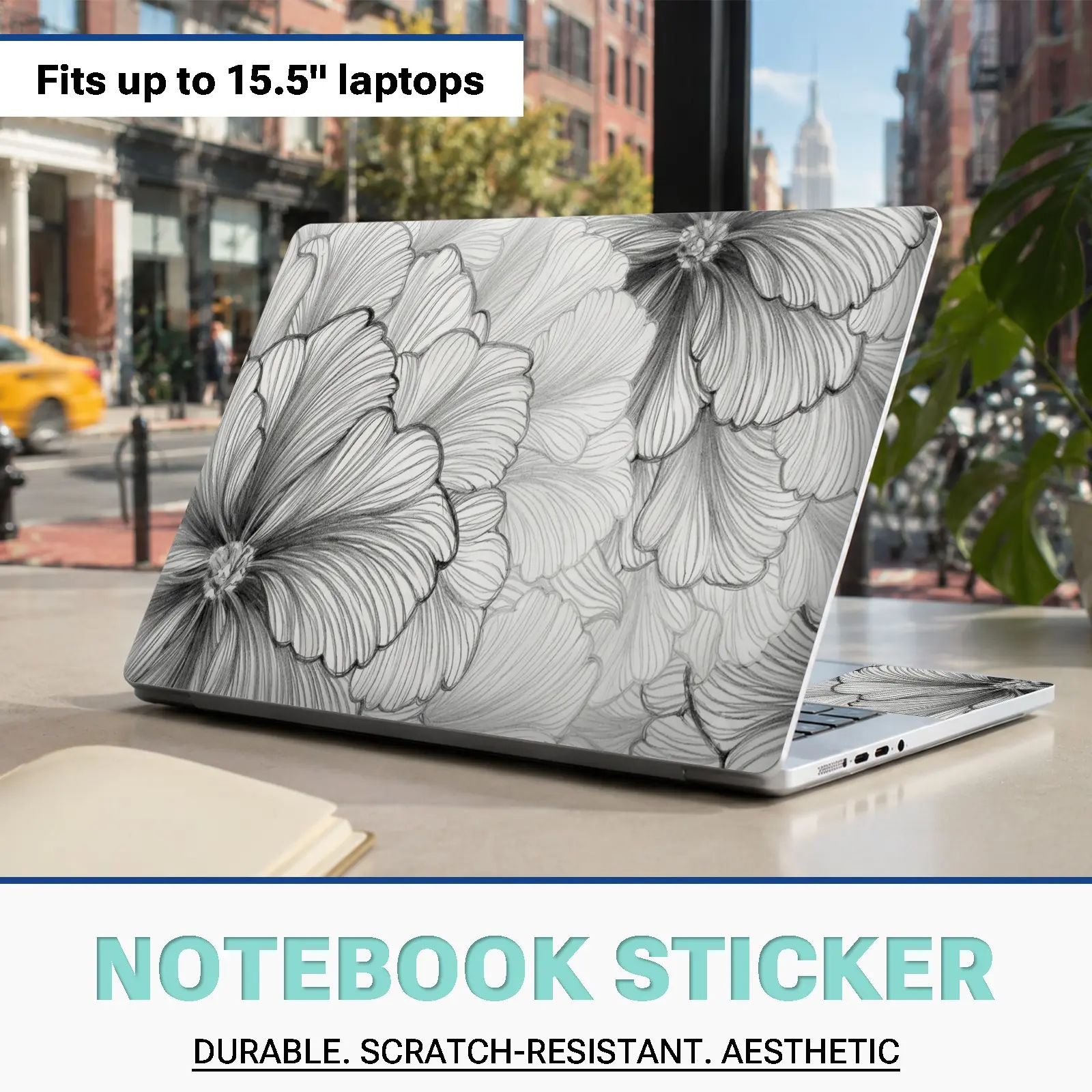 Style Minimalist Floral Sticker Set for 15.5 Inch Laptops, PVC Material, Removable Without Residue, Scratch-Resistant Computer Decor
