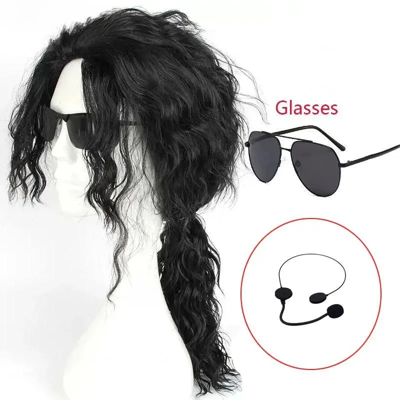 MJ Michael Cosplay Black Wig Jackson Michael Role Play Medium Long Curly Black Hair Pigtail Wig Halloween Role Play Prop Cos
