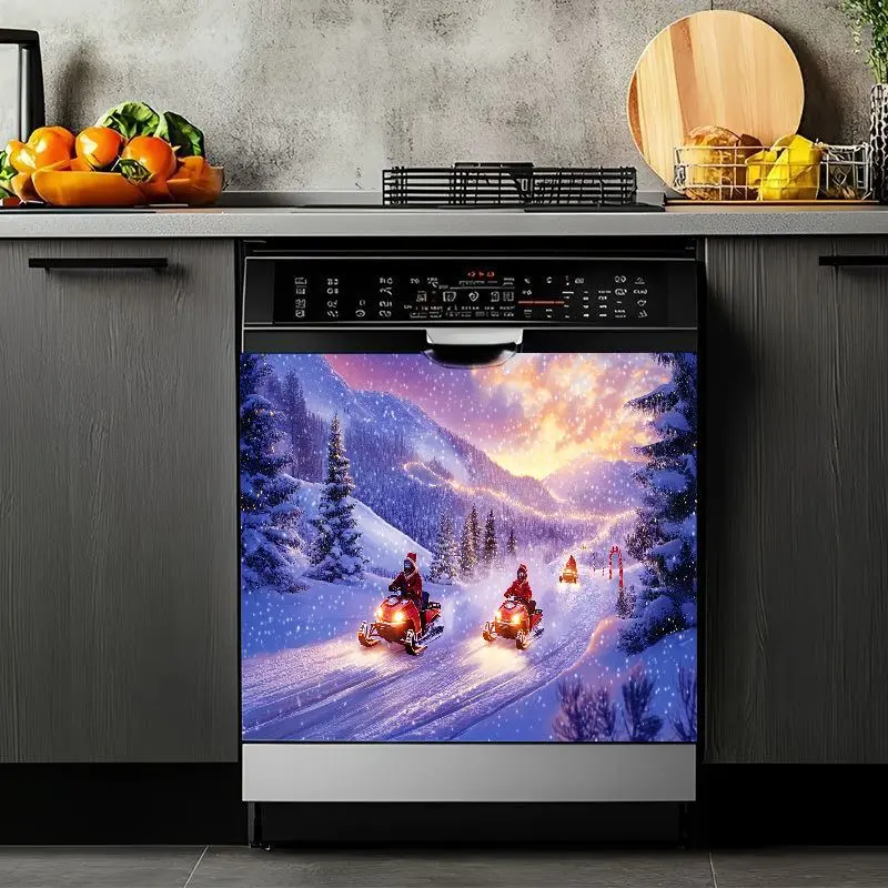 2D Flat 2Pcs Winter Snowmobile Scene Dishwasher Cover Sticker, Self-Adhesive Vinyl Front Door Decorative Film, Magical Snow Mountain Landscape Design for Kitchen Appliances, Holiday Home Decor, Waterproof Removable Magnetic Panel