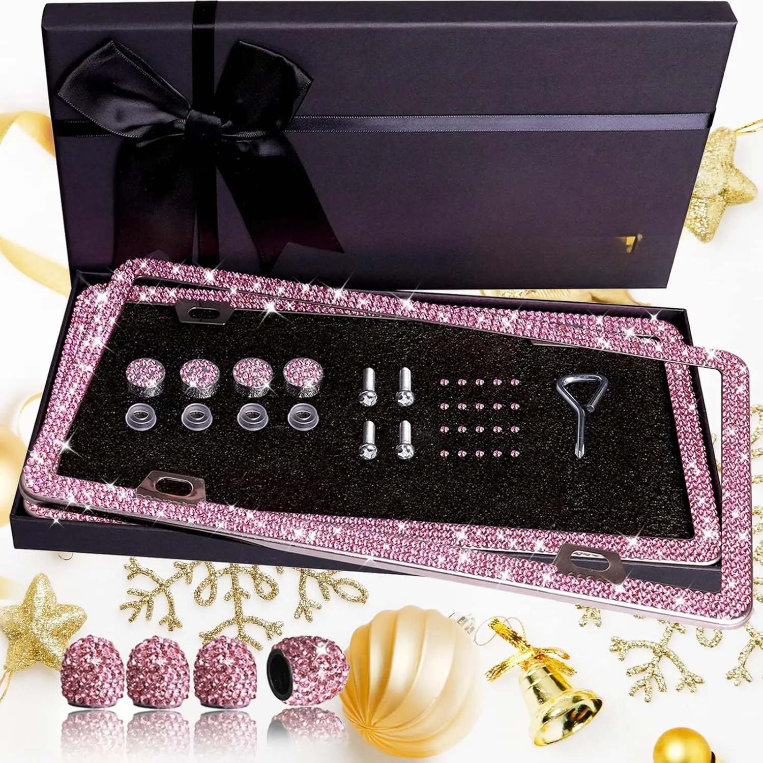 Pink License Plate Frame 2 Packs Bling License Plate Frame for Women Sparkly Diamond License Plate Frames Glitter Bedazzled Rhinestone License Plate Frame with Pink Tire Valve Caps with Giftbox