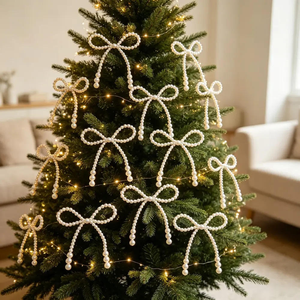 24/36Pcs Faux Pearl Bow Christmas Tree Ornaments – White Pearl Hanging Decor, Luxe Aesthetic Design for Holiday Party, Xmas Tree, Mantel & Gift Toppers, 2026 Xmas Gift, Christmas Home Decorations