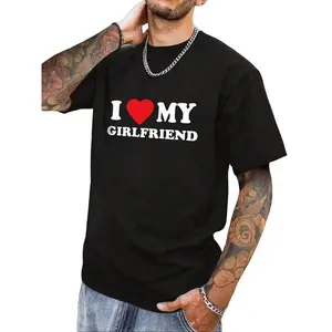 Couple's I Love My Girlfriend Heart Print Short Sleeve T-Shirt, Soft Cotton Loose Fit, Casual Home & Date Wear, Romantic Graphic Tee