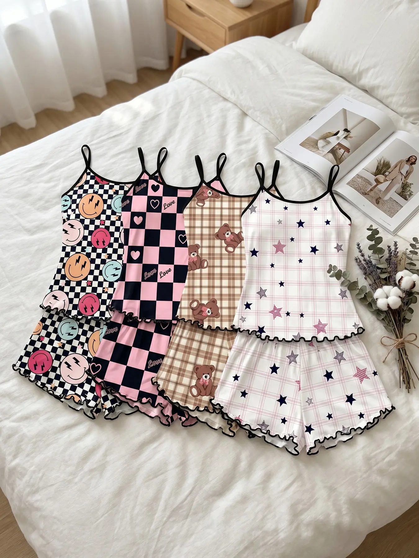 Women's 4 Piece Cami Top and Shorts Pajama Sets Nightwear, All Season Wear, Y2K Checkered Smiley Bear Star Print Ruffle Hem, Y2K Aesthetic, Loose Breathable for Home & Casual Wear