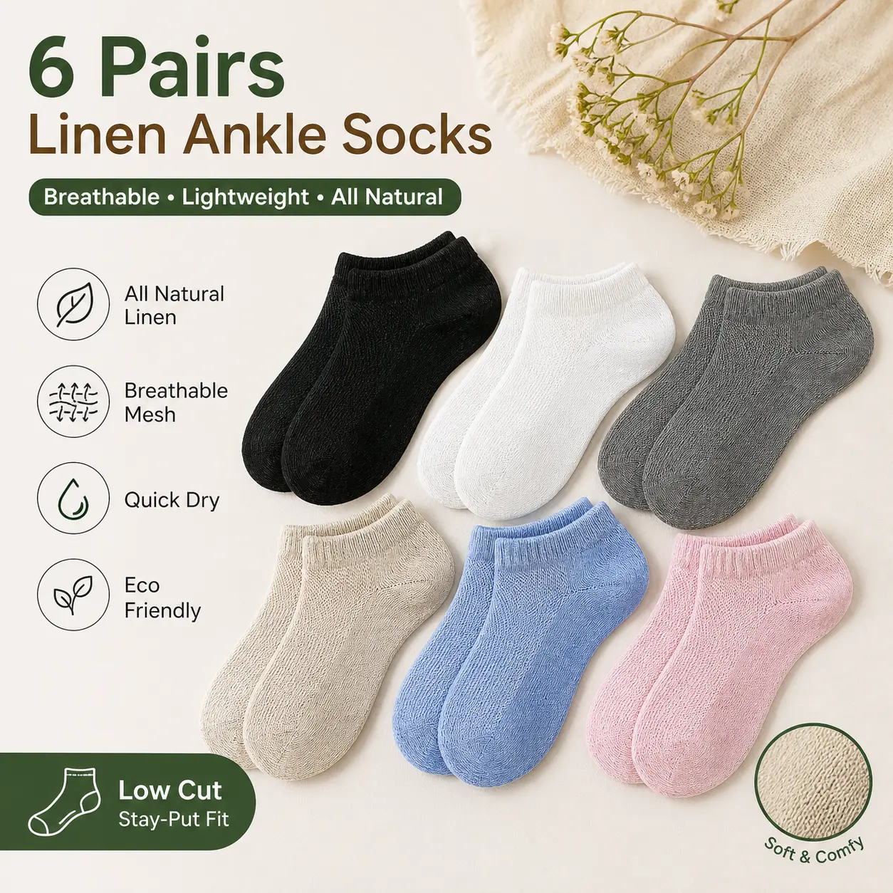 6 Pairs All Natural Flax Linen Ankle Socks Thin Breathable Low Cut Linen Socks Quick Dry Mesh Organic Liner Men Women