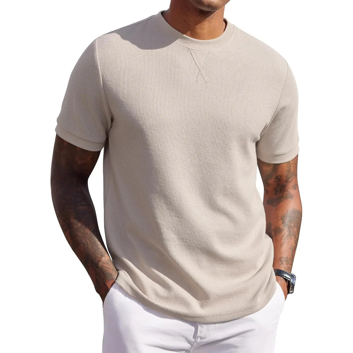 Men's Waffle T-Shirts Short Sleeve Casual Crew Neck Shirt Summer Plain Pullover Tees