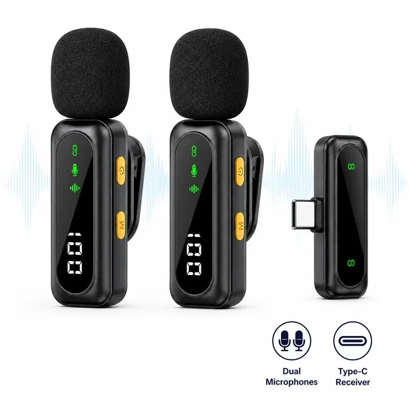 Wireless Microphone, Dual Lavalier Mic Set with USB C Receiver, ENC Noise Reduction, 2.4 GHz Connection, 15 ms Low Latency, Magnetic Clip and Digital Display for Interviews, Vlogging, Podcasts and Live Streaming, Podcast Equipment Set