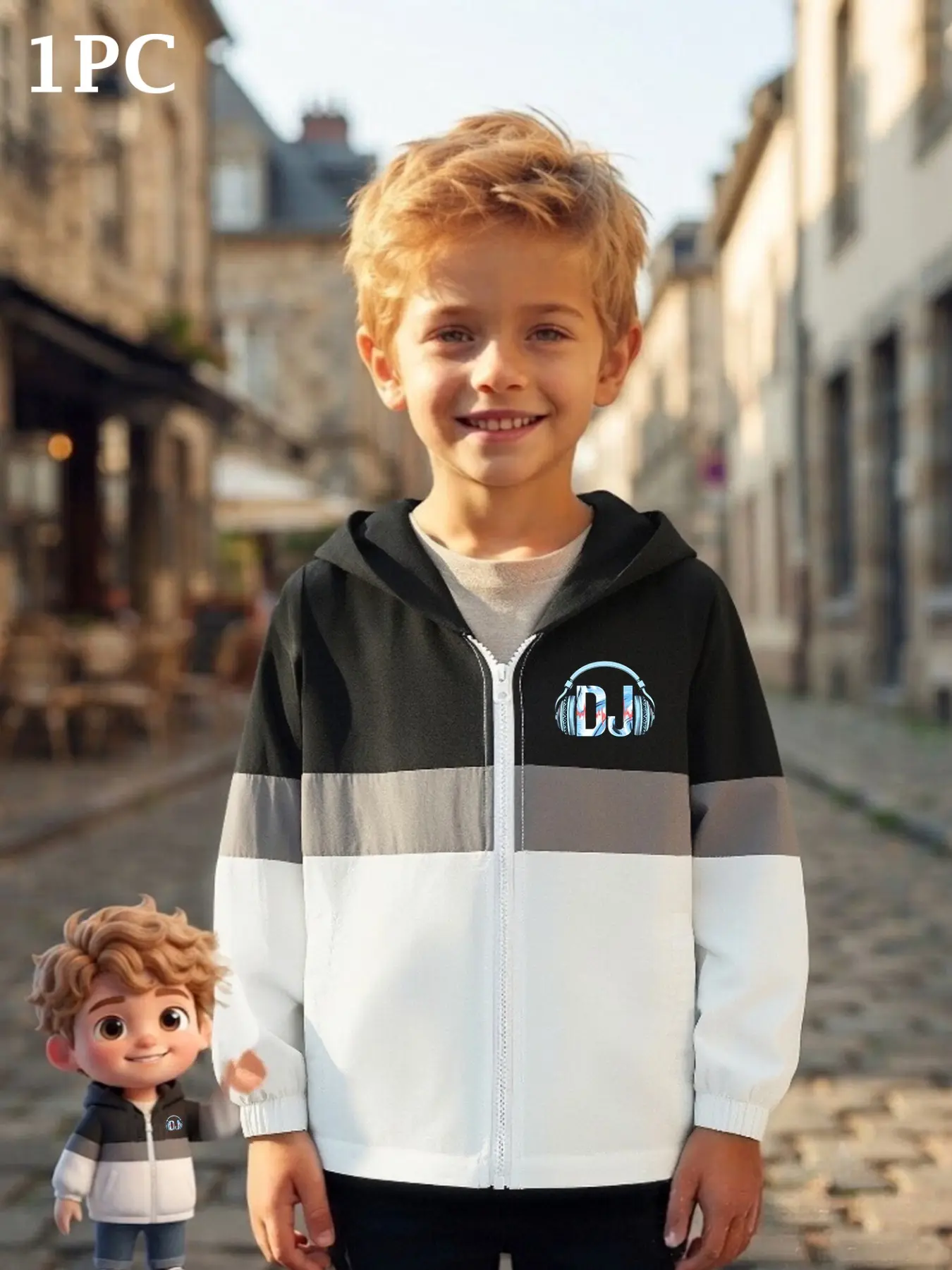 Boys' Hooded Zip Dj Earphone Jacket, Casual Loose-Fit, Spring & Fall, Side Pockets, Music Lovers