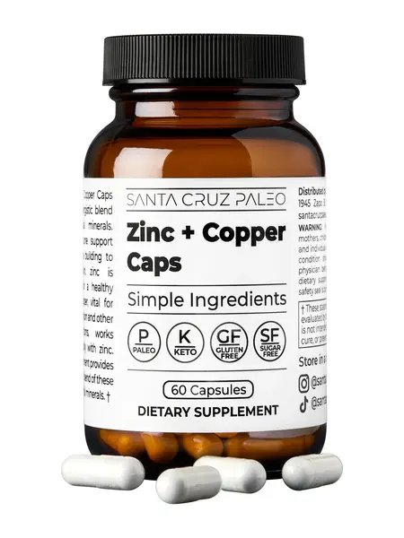 Santa Cruz Paleo Zinc + Copper Caps - 60 Servings - Supports Skin, Hormone, Hair, and Immune System Health - Daily Supplement for Men and Women with Zinc L-Methionine, Copper Gluconate - Gentle Digestive Impact, Paleo & Keto Friendly, Sugar & Gluten Free