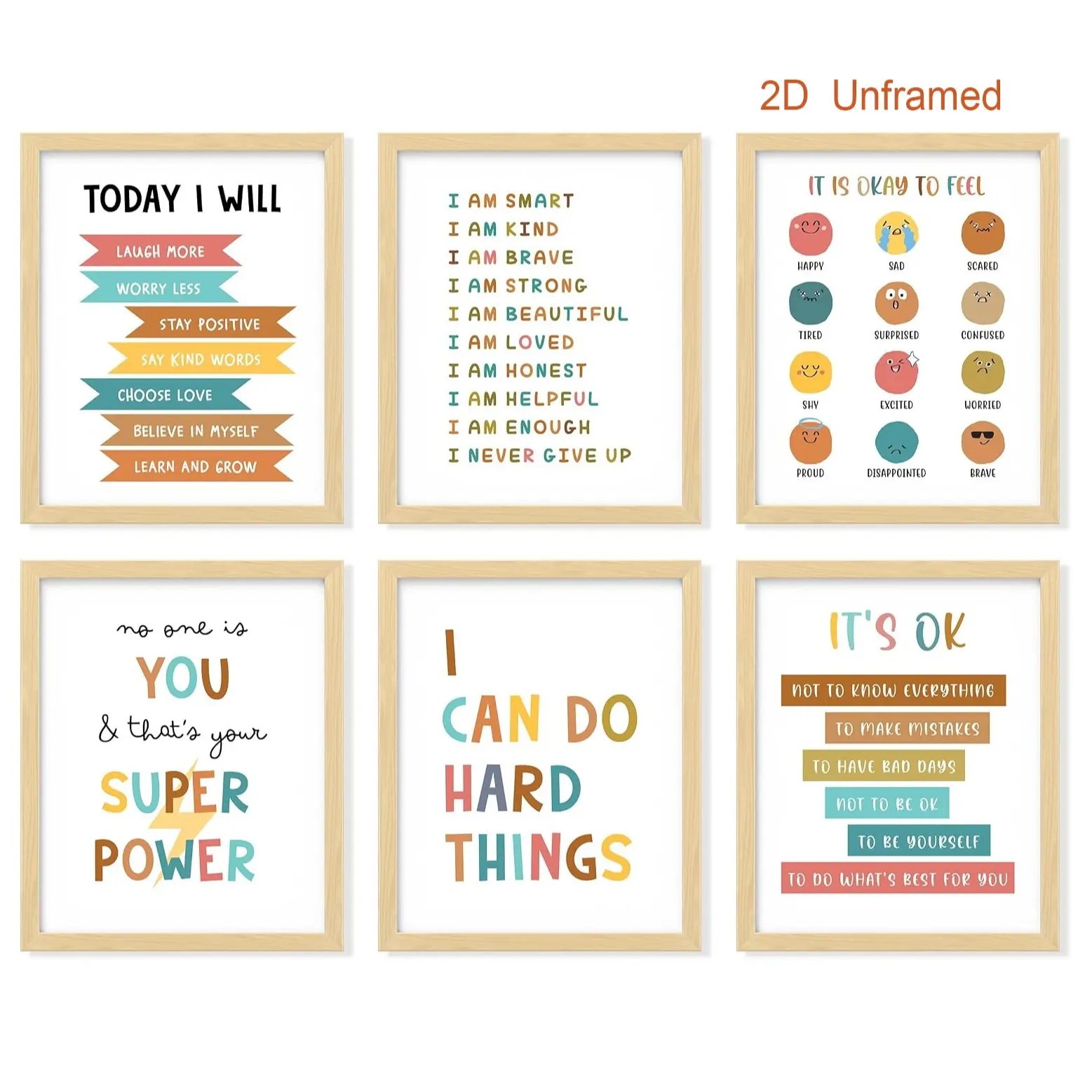 6-Piece  Frameless  Inspirational Wall Art for Kids, Playroom Posters | Colorful Inspirational Quotes, Printed on Cardstock, Wall Art for Kids' Rooms, Decor for Nurseries, Classrooms, and Playrooms