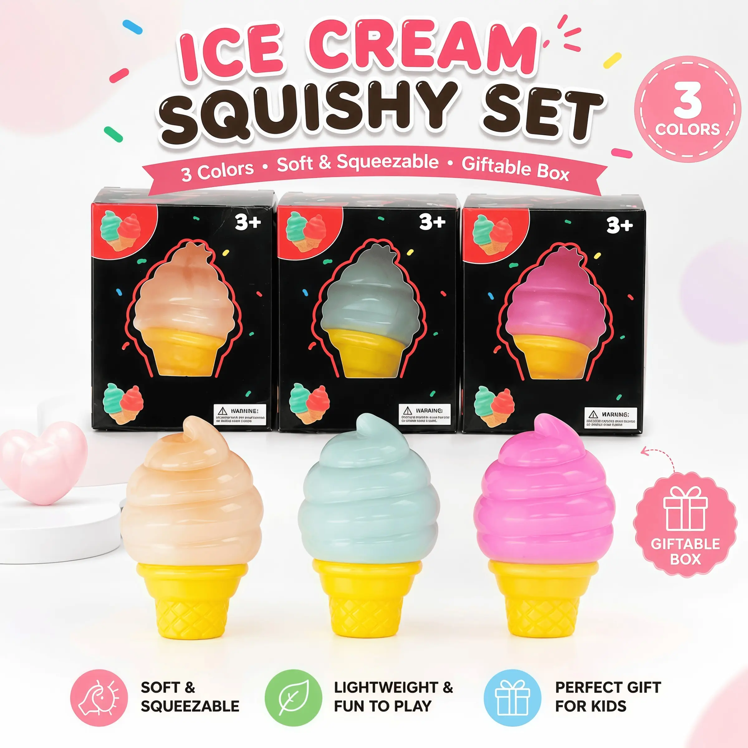 Ice Cream Cone Squishy Toy, Soft TPR Squeeze Fidget Toy for Stress Relief, Sensory Play and Party Favors, Cute Squishy, Ages 3+