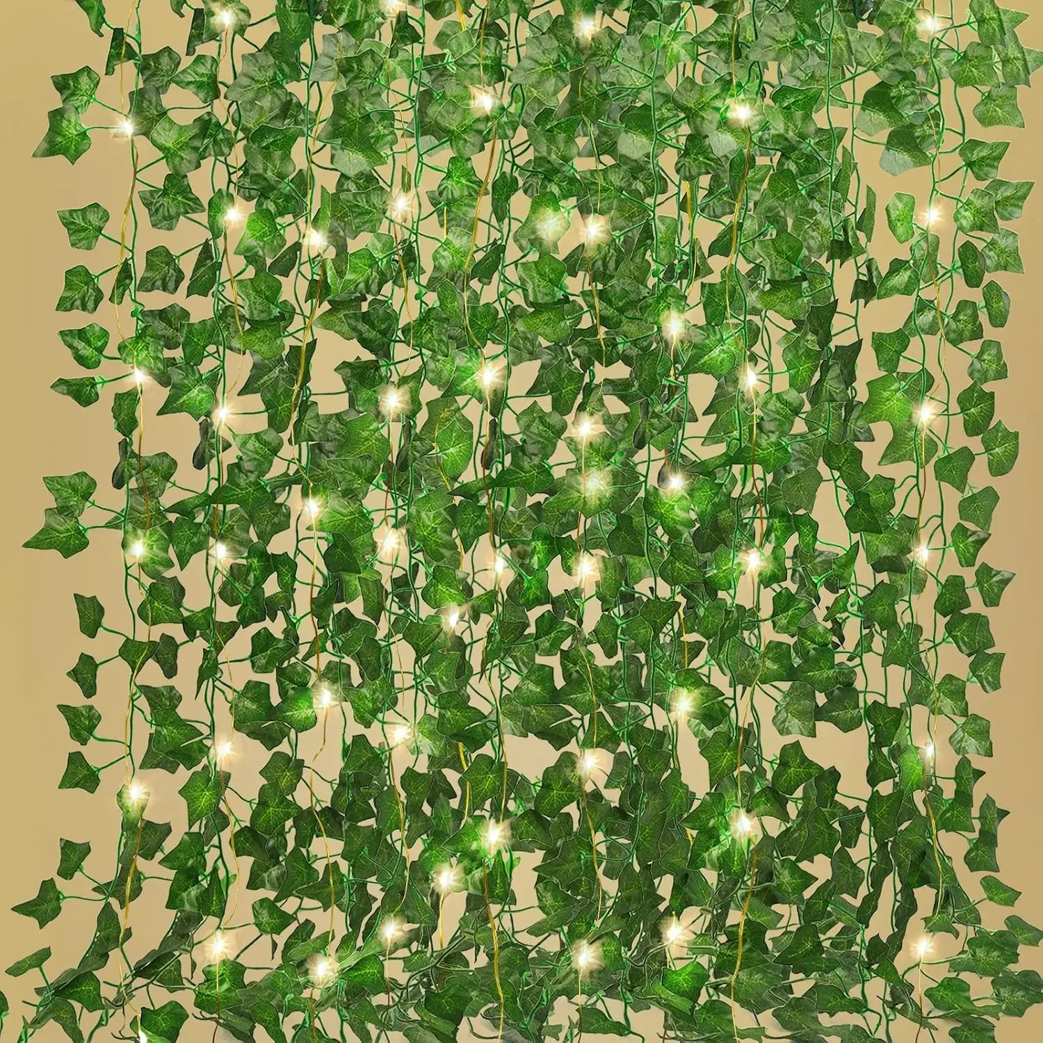Silk Decorative Ivy Fake Vines, 12-Pack 86 FT Artificial Leaf Plant with 100 LED String Lights, Hanging Greenery Garlands for Bedroom Wall Wedding Home Garden Decor