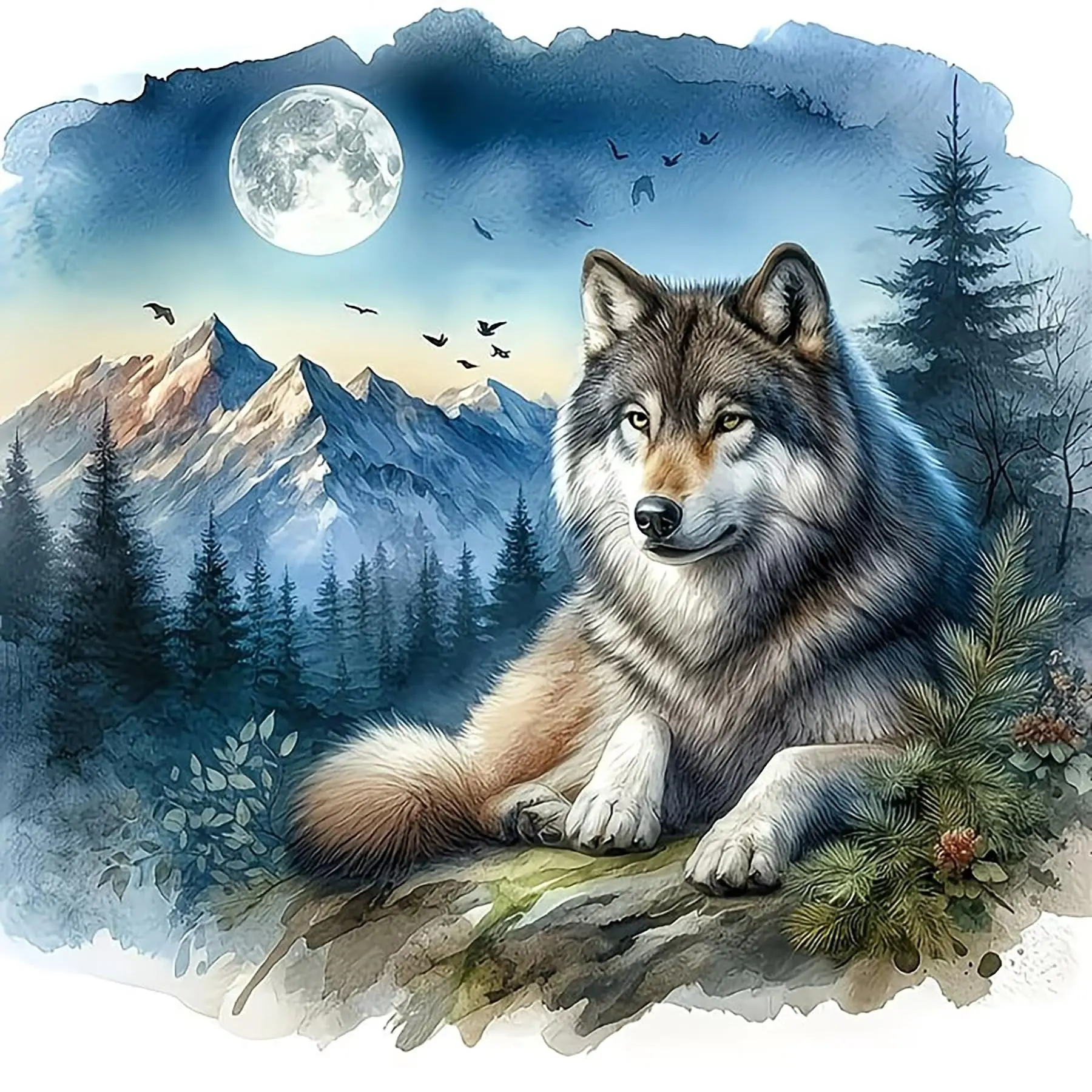 5D Diamond Art Kits for Adults, Majestic Wolf Painting for Beginners, DIY Full Round Drill Diamond Dots, Dimond Art Paintings, Gem Paint by Diamonds Kit, Moon Mountain Snow Forest Animal, Home Wall Decor Gifts
