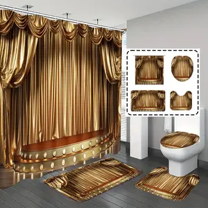 Luxury Gold Theater Curtain Shower Curtain Set – Soft Thick Fabric Featuring Opulent Stage Drapes with Tassel Fringe and Metallic Sheen, Extra Plush Bath Mats for Cloud-Like Comfort, Perfect for New Year’s Eve or Gala Dinner Celebrations