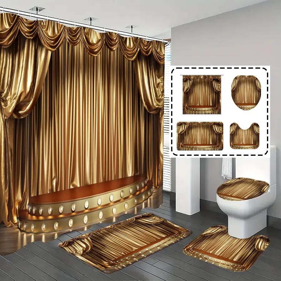 Gold Theater Curtain Shower Curtain Set, Theatrical Aesthetic, Soft Thick Fabric Featuring Stage Drapes with Tassel Fringe and Metallic Sheen, Plush Bath Mats for Cloud-Like Comfort, New Year's Eve or Gala Dinner Celebrations