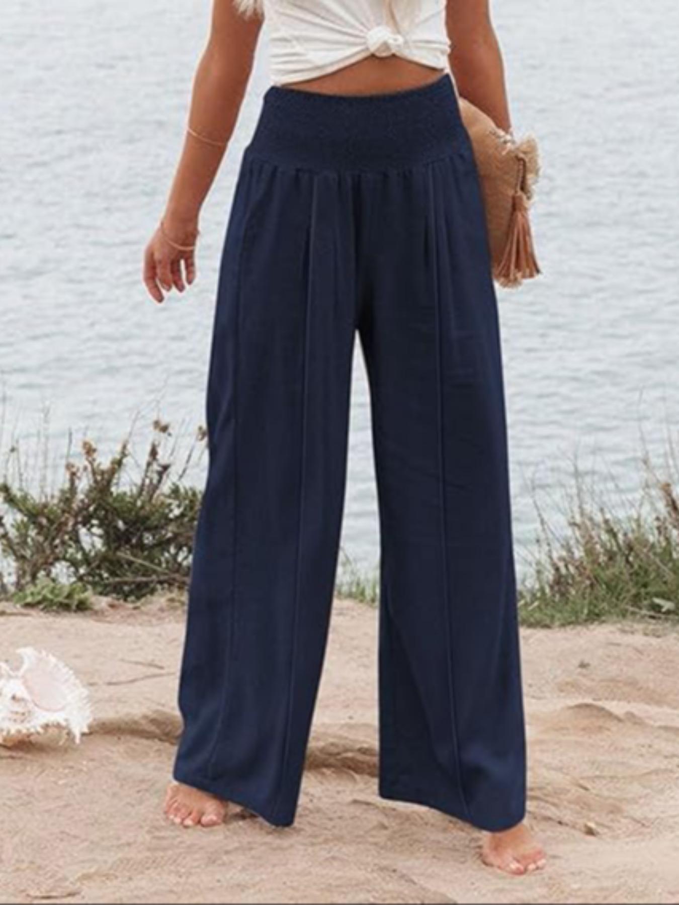 Women's Solid Shirred Wide Leg Pants, Casual Comfy Pocket Trousers for Daily Wear, Ladies Bottoms for All Seasons, Casual Lounge Pant