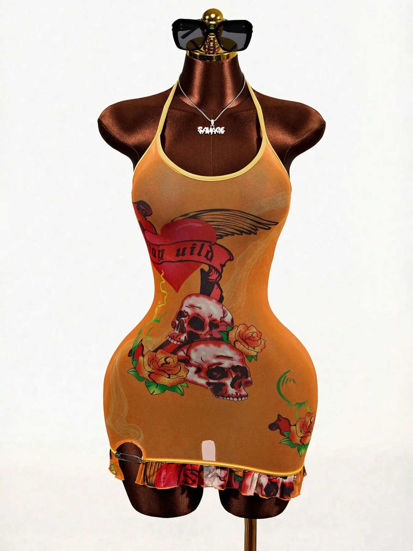 Y2K Tattoo Print Halter Neck Mesh Short Mini Dress Women, Sheer Ruffle Sexy Style, Night Out Party Music Festival Photo Breakfast Office Vacation Daily Wear