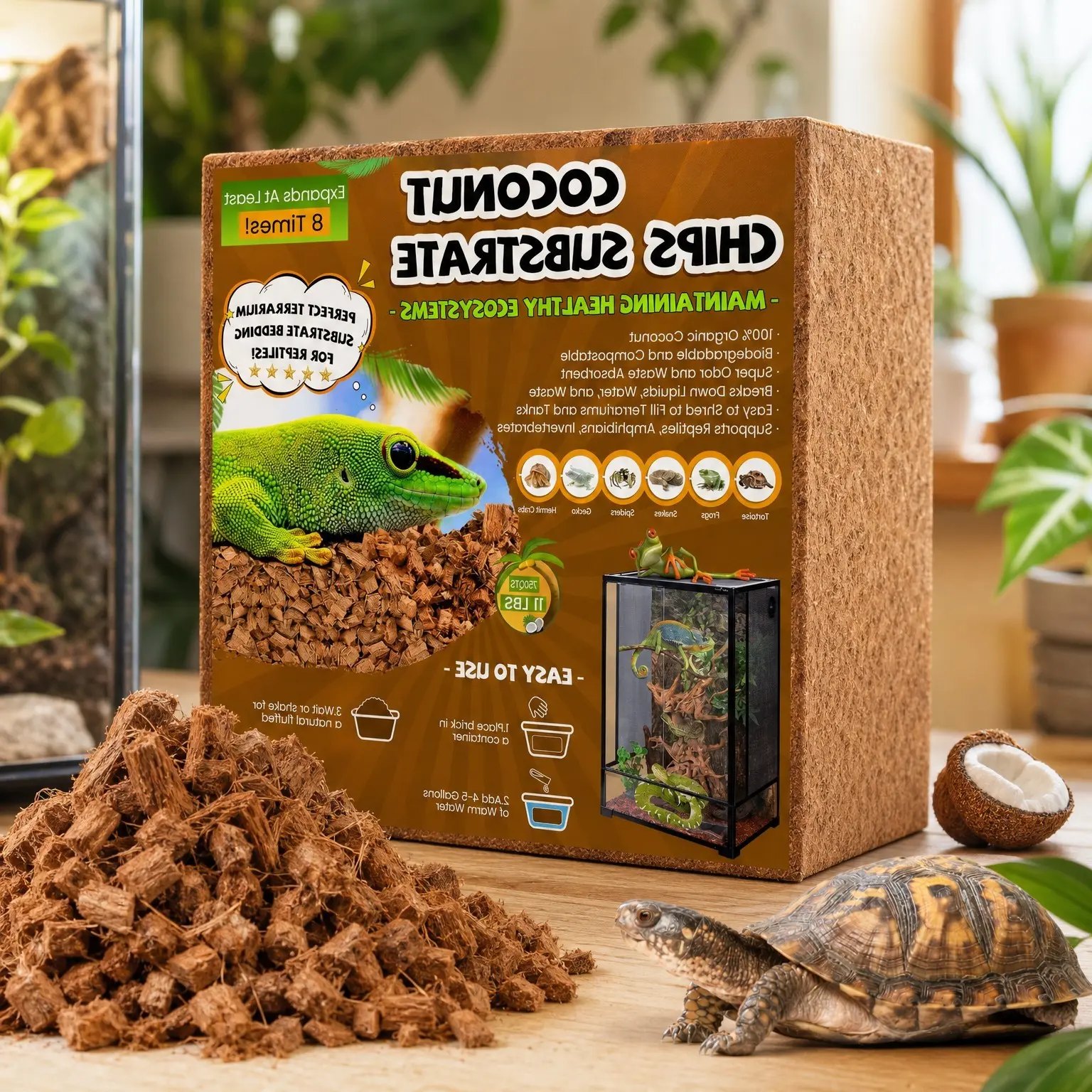 10LB Coconut Husk Reptile Substrate - 72QT Natural Coconut Fiber & Organic Coco Coir Chip Bedding for Snakes, Tortoises, Ball Pythons, Geckos, Lizards, TerrariumGift