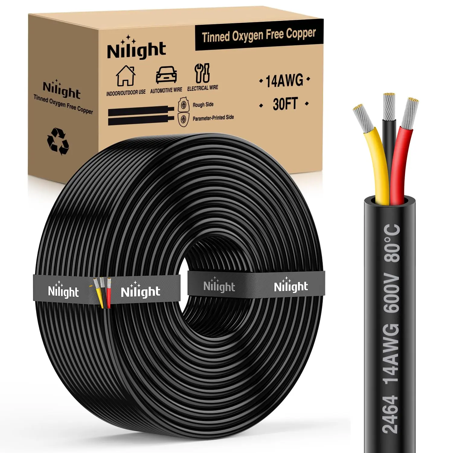 Nilight 30FT 14AWG 3 Conductor Electrical Wire Tinned Oxygen Free Copper Red Black Yellow 3 Wires Parallel 600V DC Flexible PVC Case Extension Cords for LED Strips Lamps Lighting