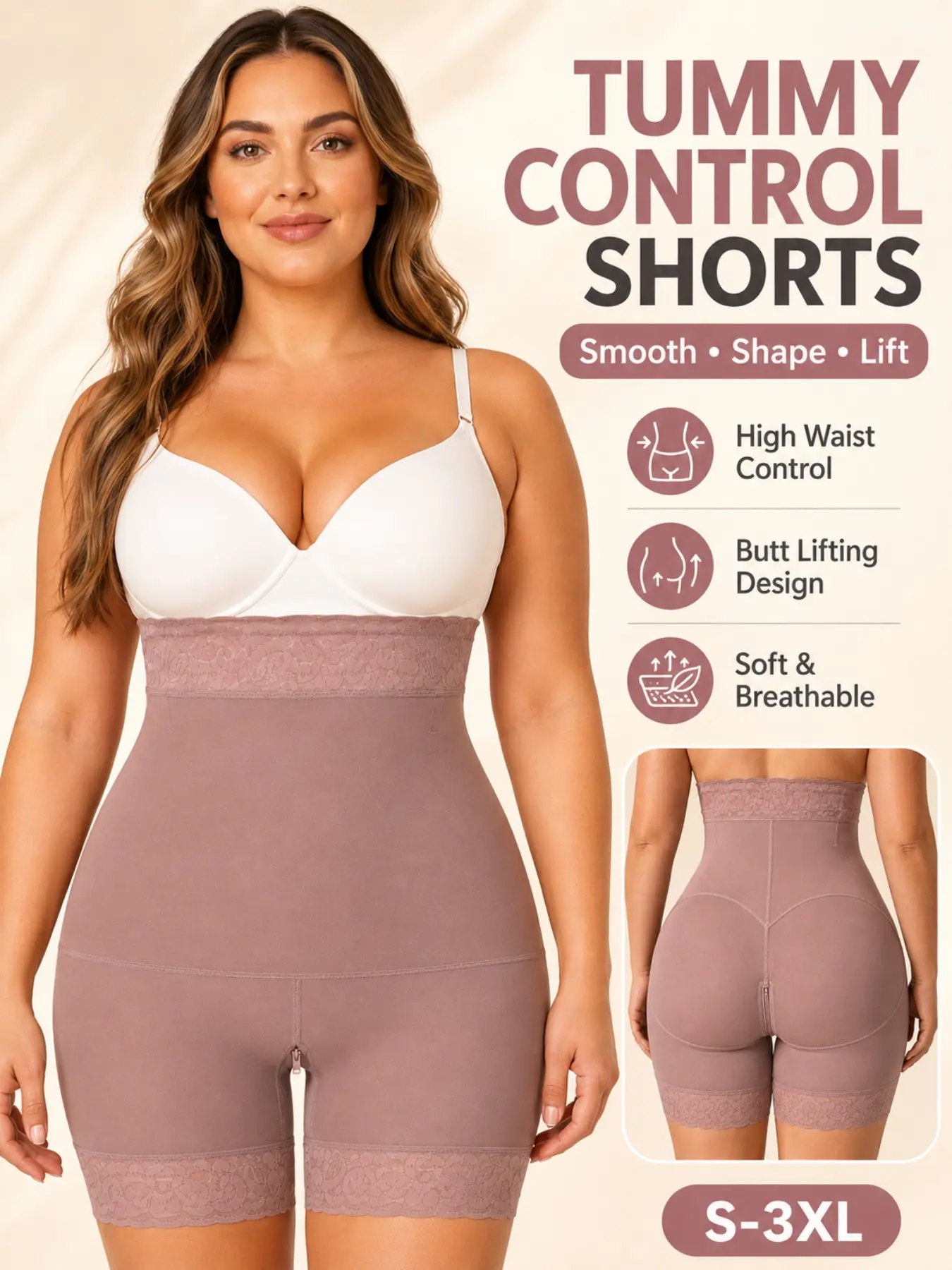 Women's High-Waisted Shapewear Shorts, Breathable Seamless Design, Zipper Crotch Lace Trim, Ideal for Daily Wear and Workout