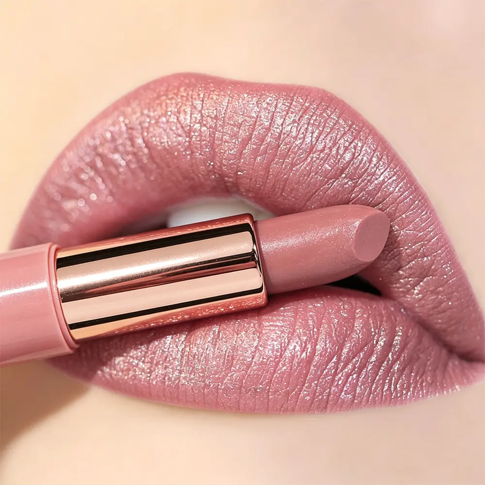 Shimmer Metallic Nude Lipstick, Moisturizing Lip Color, Pearlescent Glitter Sheen Lipstick, Silky Hydrating Creamy Texture Comfort Wear, Natural Pink Nude Tone Flattering For All Skin Tones, Long Wear Daily Neutral Lip Makeup