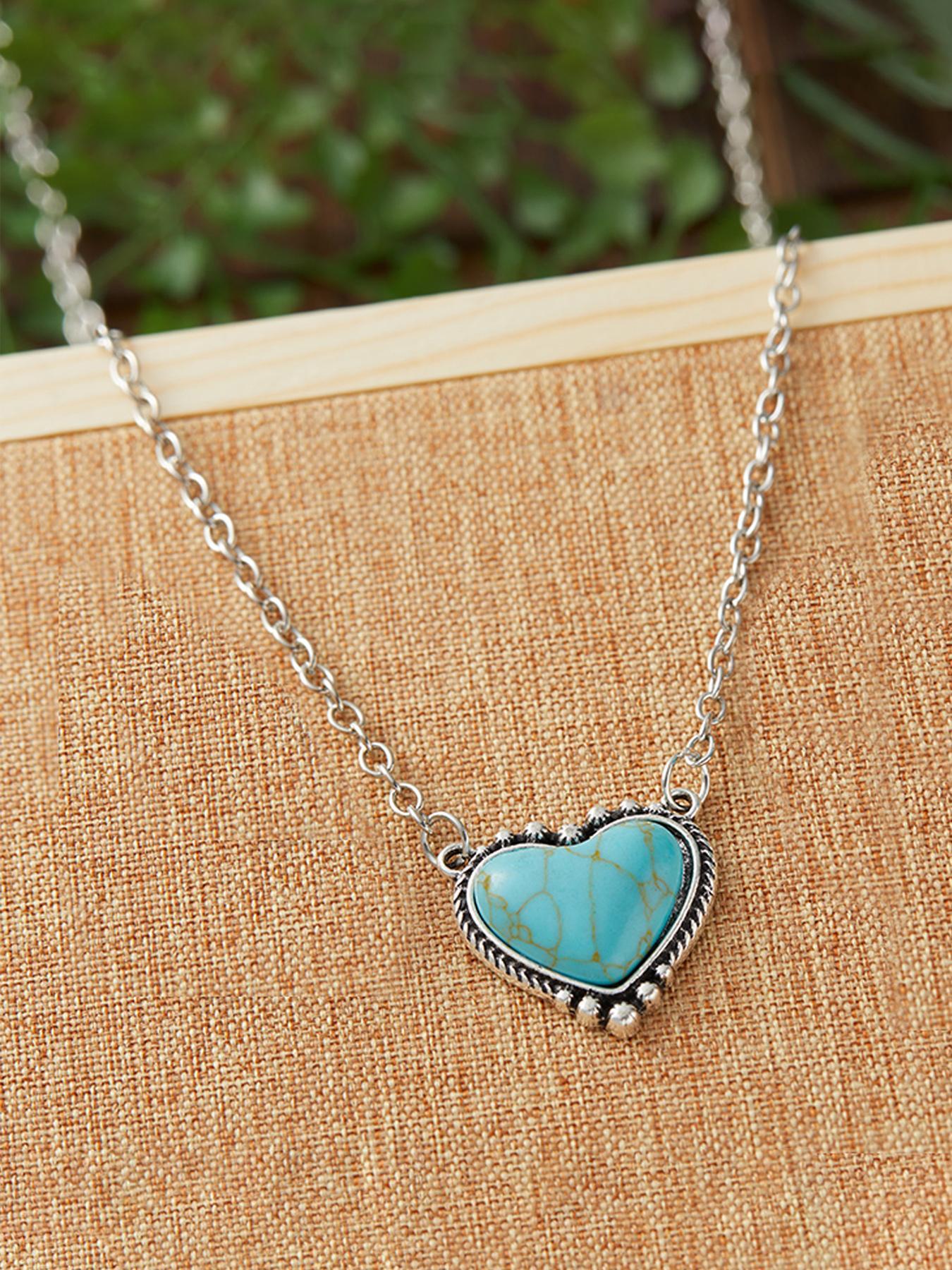 Boho Style Heart Shaped Turquoise Texture Pendant Necklace, Mother's Day Gift, Personality Jewelry for Party, Daily Clothing Decor, Trendy All-match & Exquisite Jewelry for Birthday Gift, Chains Necklace