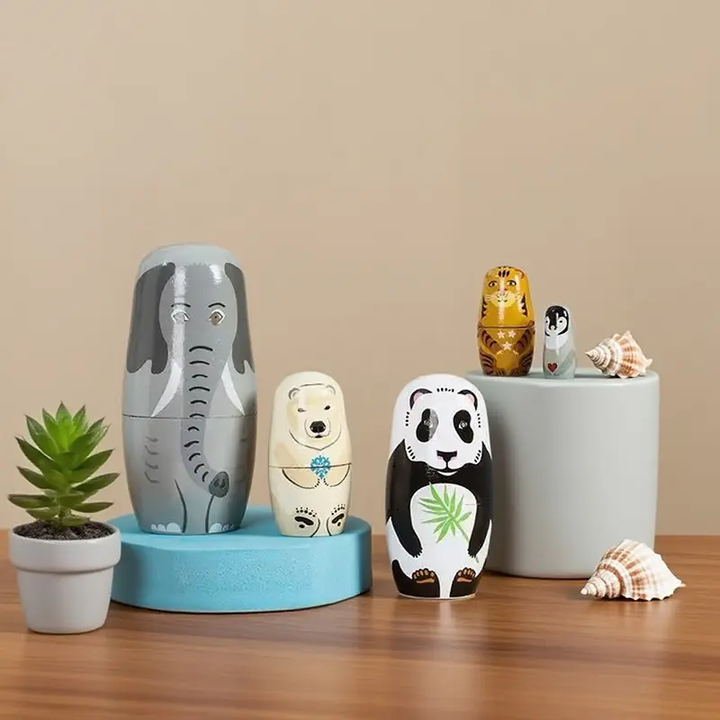 5-Piece Animal Home Decor Set, Handmade Wooden Russian Nesting Dolls, Matryoshka Dolls，Stacking Dolls, Home Decoration, Kids Educational Toys, Birthday Gifts