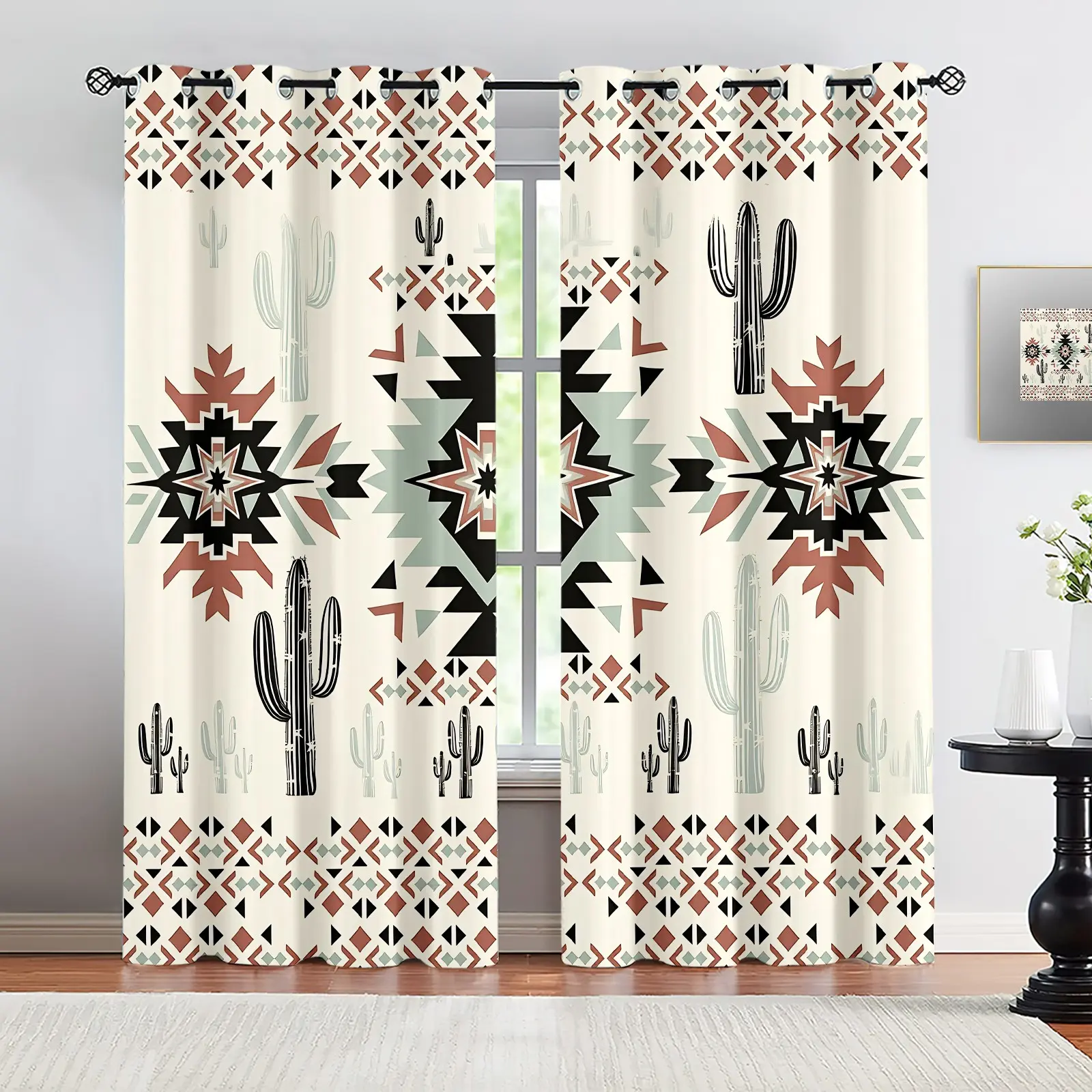 Geometric Aztec Design Curtains, 2 Panels High-Definition Digital Print, with Grommet Top, Living Room Decor, Multiple Sizes Available, Home Decoration Curtain, Window Drapes