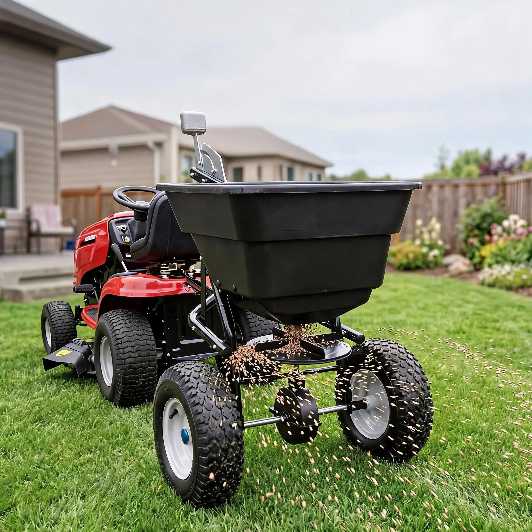 Tow-Behind Broadcast Fertilizer Spreader, 110lb Capacity Heavy Duty Lawn Seeding Spreader, Equipped with 12 Inch Wheels, Suitable for Yard, Ranch, Farm