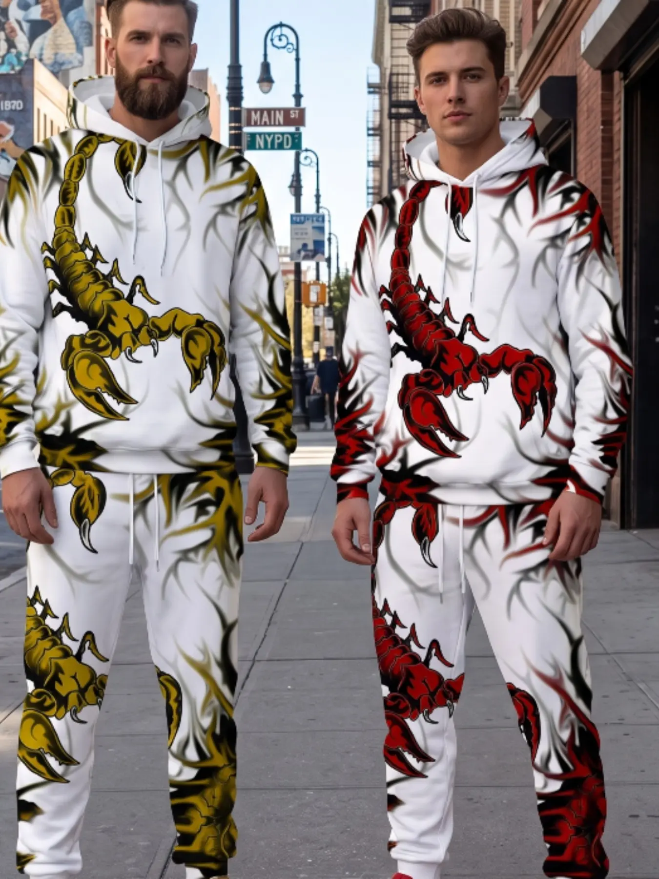 Men's 4-Piece Scorpion Flame Print Hoodie Set, Gold Scorpion Pattern, Streetwear Sweatshirt and Pants, Casual Long Sleeve