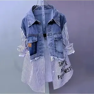 Women Denim Jacket Fake Two Denim Shirts 2025 New Spring Summer Autumn Casual Fashion Joker Stitching Striped Tops Coat Female