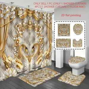 1pc/4pcs, bathroom curtains shower, bathroom set, Elegant bathroom decor, Bathroom Decoration Accessories, bathroom rug, bathroom mat, Swan and Flower Patterns, Retro and Luxurious Theme Decoration, with 12 hooks