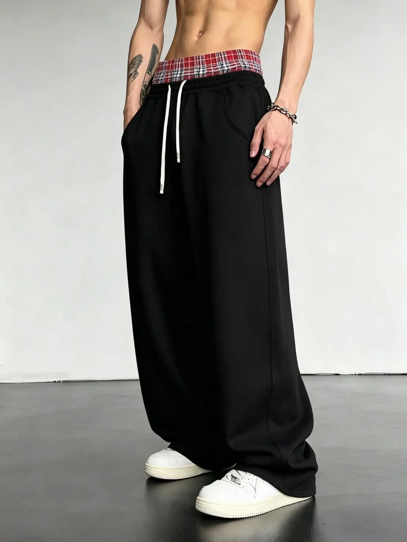 Plaid Patchwork Waist Wide Leg Pants, Lazy Style Drop Shoulder Sportswear, Retro Streetwear Fake Two-Piece Baggy Sweatpants, Unisex Couple, Casual Comfy Sporty