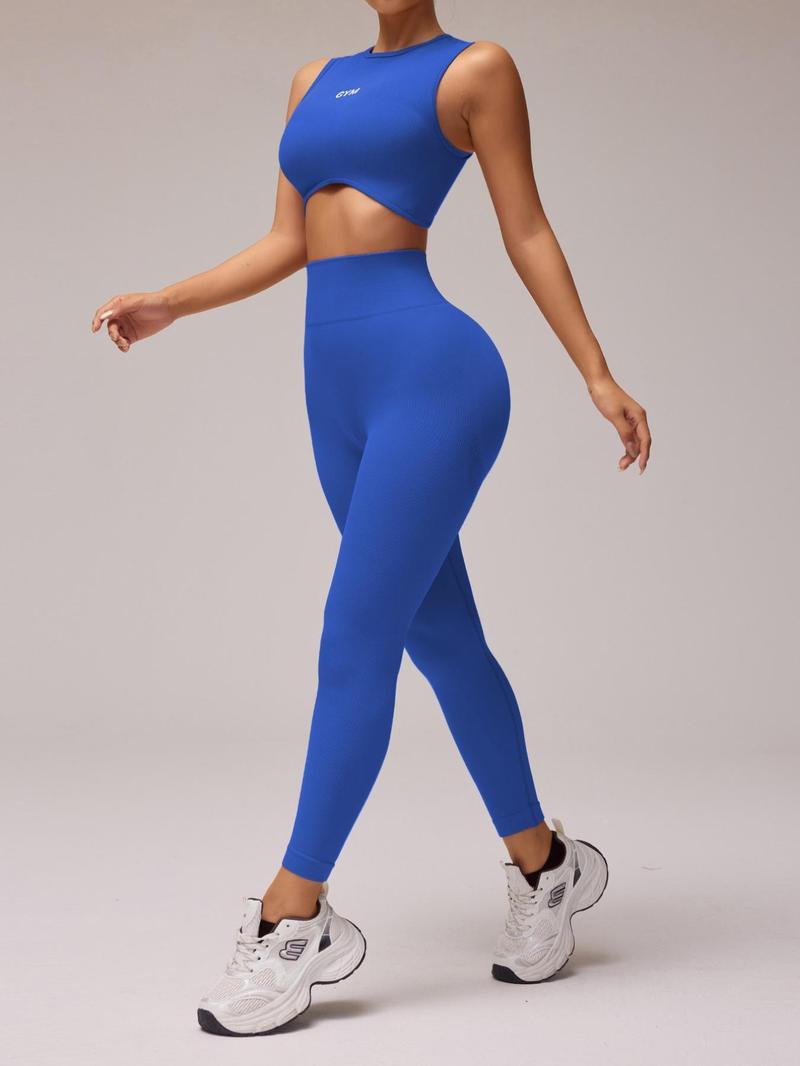 Two-piece Set Women's Letter Pattern Crop Tank Top & High Waist Leggings Tracksuit Set, Athleisure Wear Set, Casual Comfy Breathable Seamless for Yoga Gym Workout Running, Ladies Sportswear for All Seasons