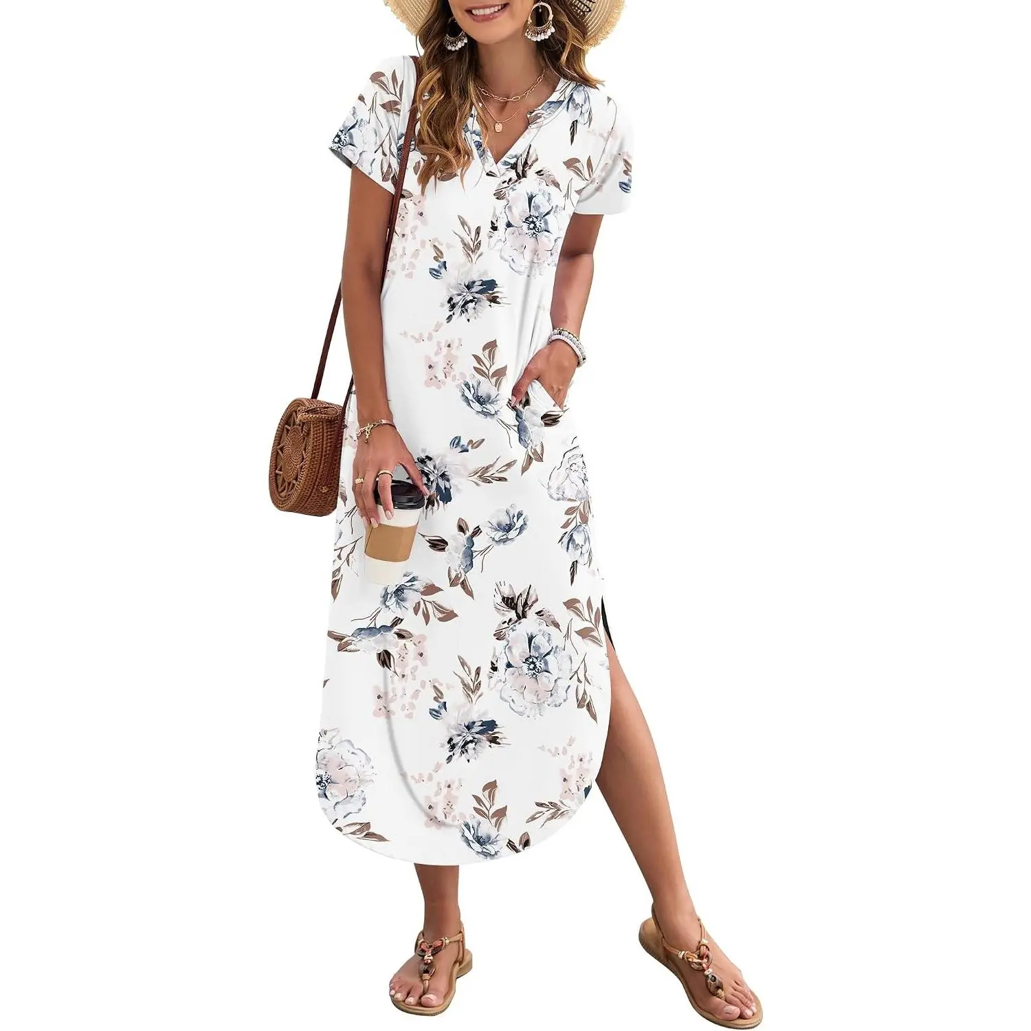 Women's 2026 Summer Maternity Maxi Dress - Short-Sleeve V-Neck, Lightweight, Modest, Elastic-Fit, Loose Split, Breathable, Simple, Soft, Solid Style Beach Blouse Dress