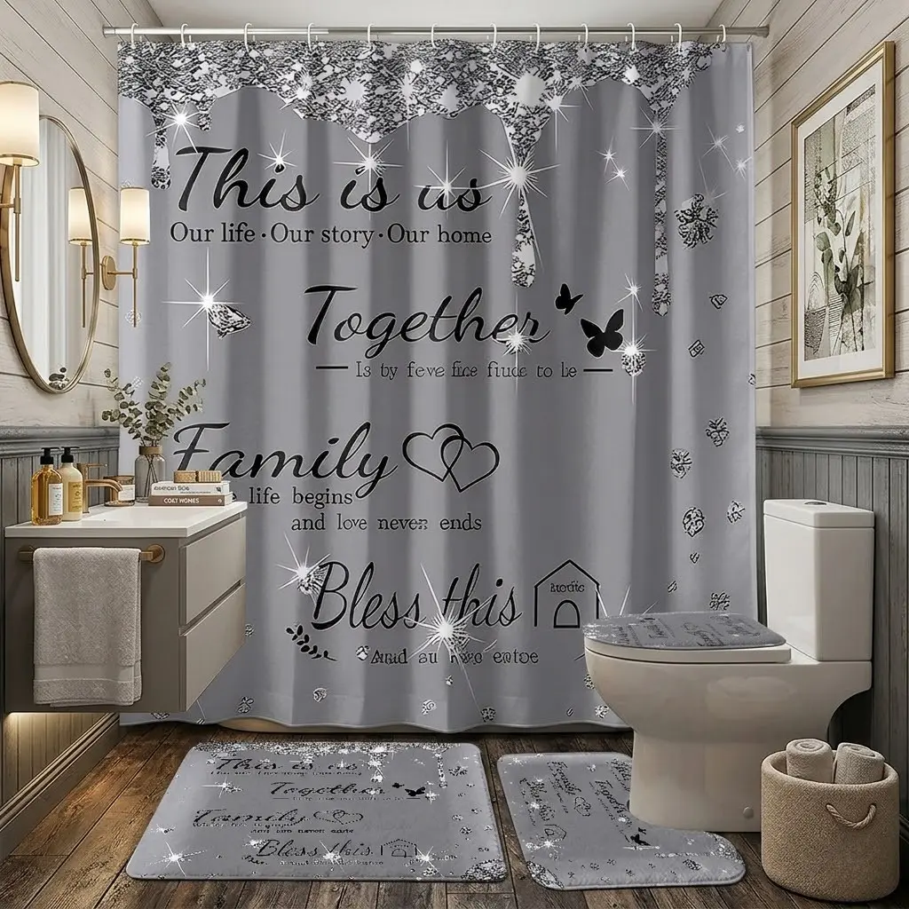 4pcs gray glitter 'This Is Us' family reunion patterned shower curtain set, including a bathroom mat and toilet seat cover set, with thick and soft mat fabric, Elegant Bathroom Decor And Accessories, a decorative touch for your bathroom