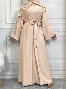 Fashion Muslim Set Turkish Dubai Pure Color Women's 2-Piece Dress with Belt Vest Cardigan Long Robe Set, Spring & Fall Modest Style