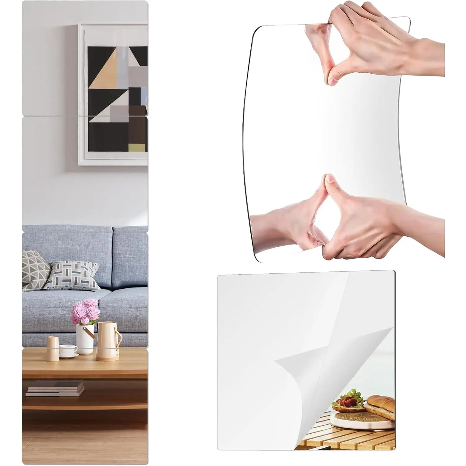 Wall Mirrors 12 x 12 Inch 4 Pack, Acrylic Mirror Tiles, Frameless Shatterproof Mirrors for Wall, Full Length Body Mirror for Bedroom, Home Gym, Door