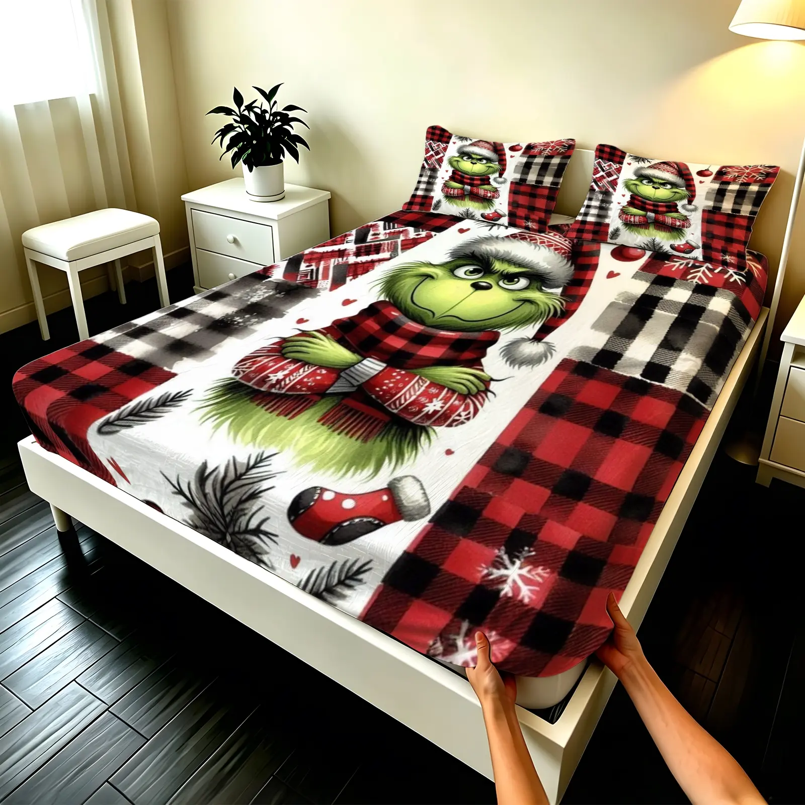 3pcs Fitted sheet Grinch Christmas Buffalo Plaid Pattern Soft Microfiber Bedding Set Wrinkle Resistant Fade Proof Breathable Comfortable Bedroom Home Decor Fit Twin Full Queen King Cal King Size
